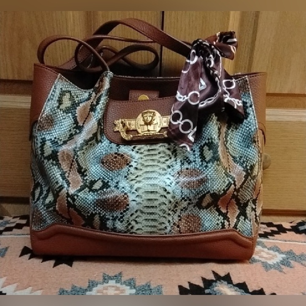 Sharif Brown and Multicolor Snake Print Tote GUC